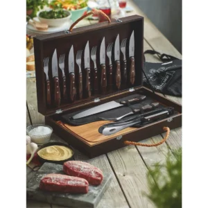 Juego para asado Polywood con cubiertos de acero inox Jumbo, tabla y estuche de madera 17 piezas